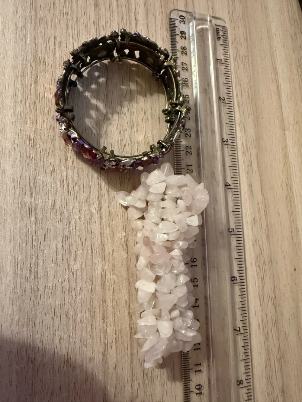 Boho Stretch Bracelet Set White Quartz Chip‎ & Purple Enamel Floral Crystal Cuff